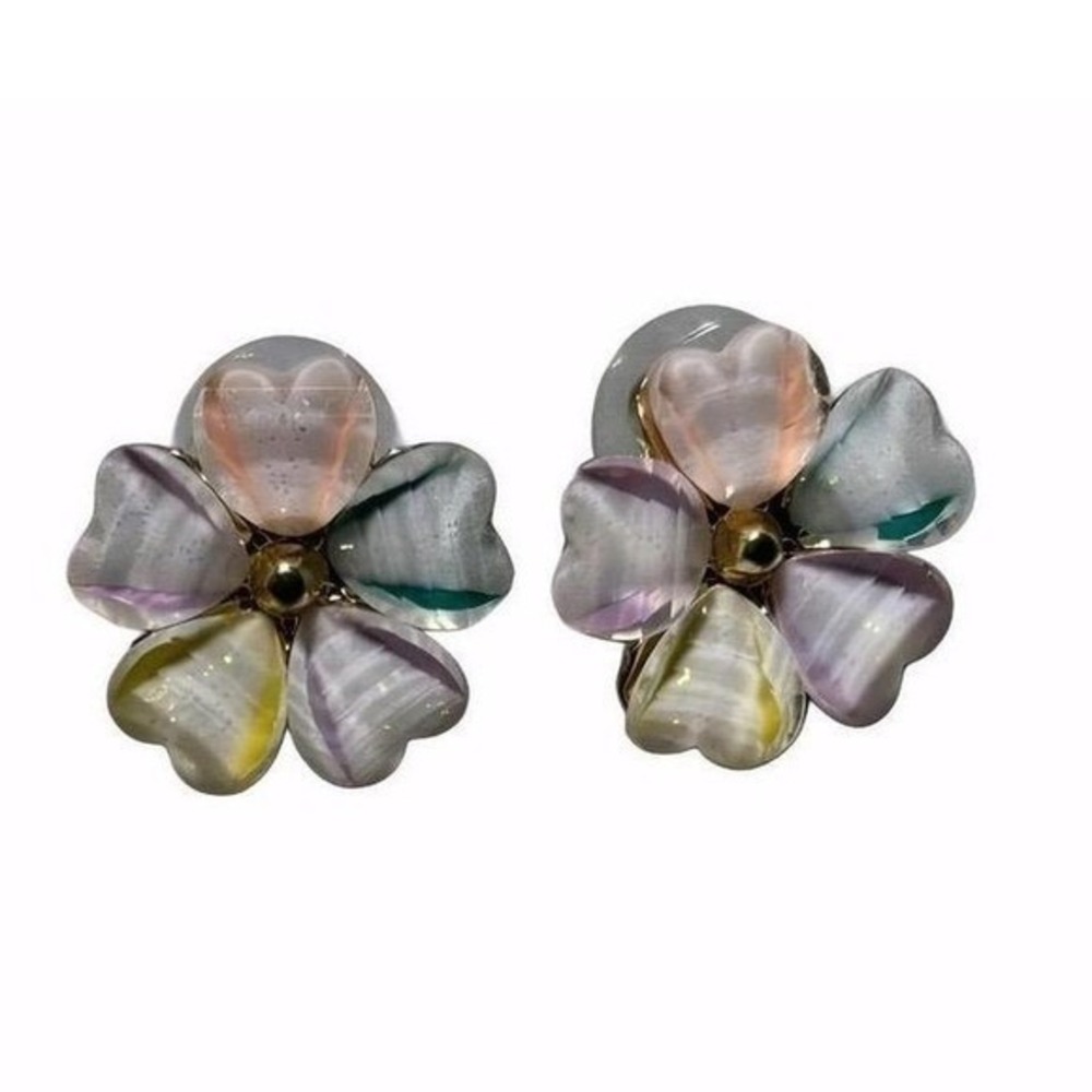 Heart Petal Flower Earrings Iridescent Pastel Colors Gold Tone‎ Studs